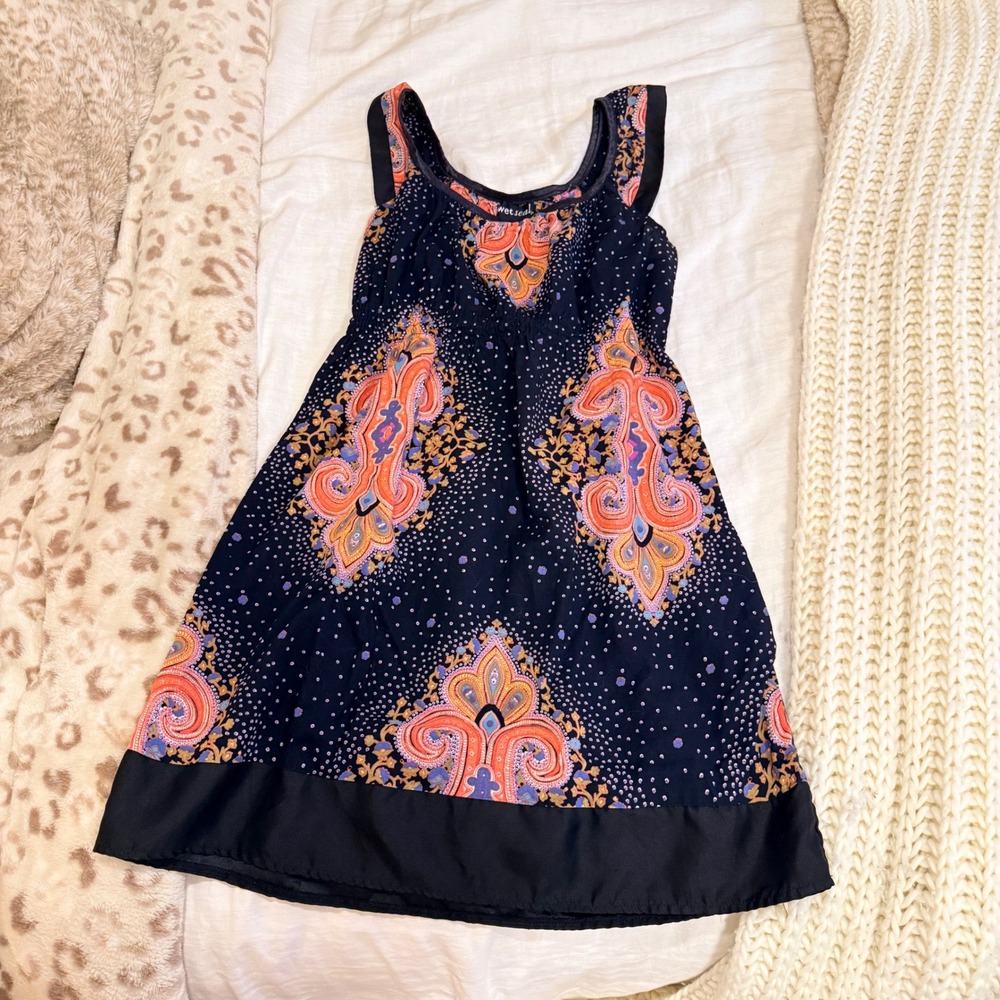 Wet Seal Black Paisley Polka Dot Cotton Boho Mini Dress Sleeveless Small Y2K